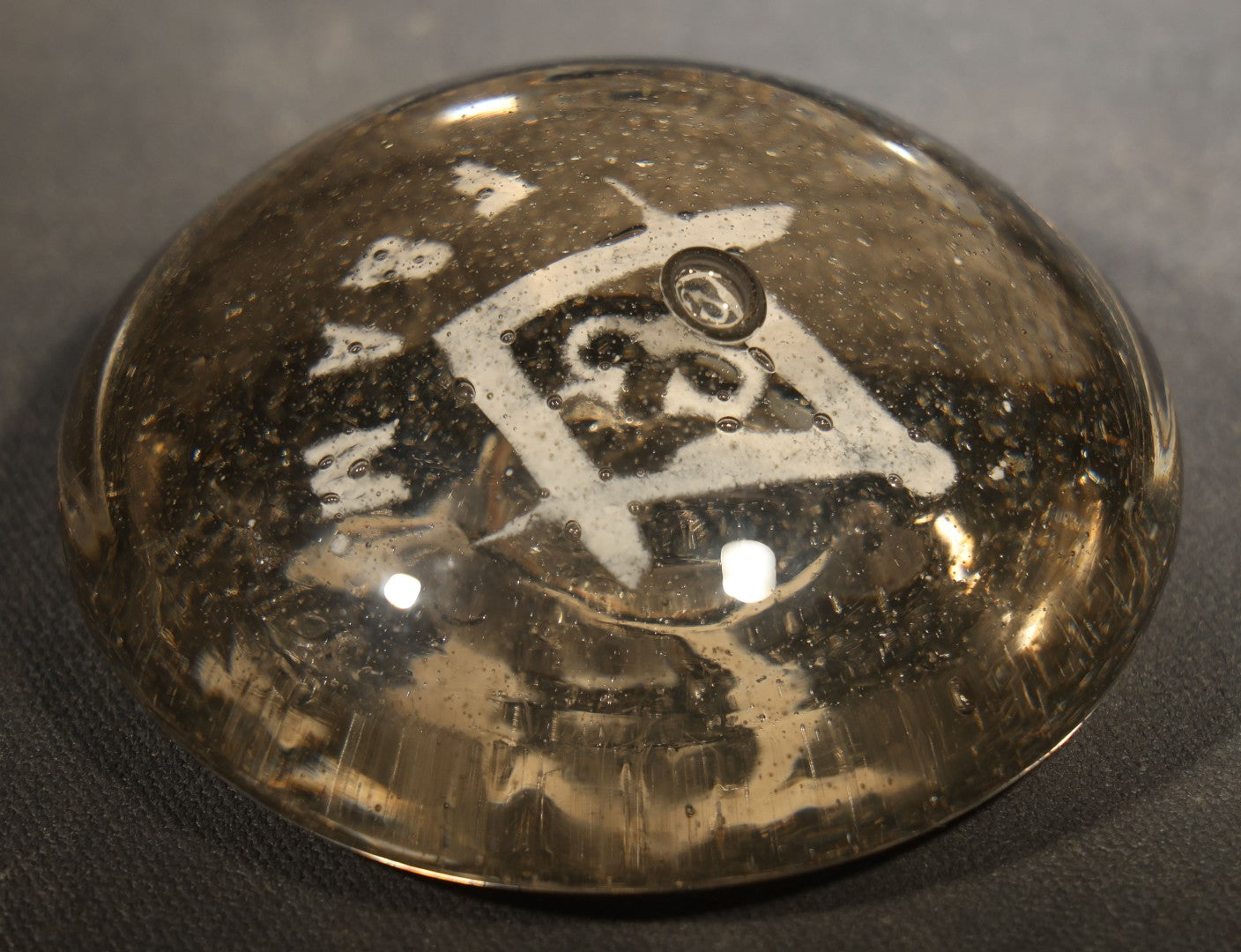Antique Hand-Blown Glass Masonic Paperweight with Square and Compasses and "F. & A.M." Lettering, Pontil Mark on Base
