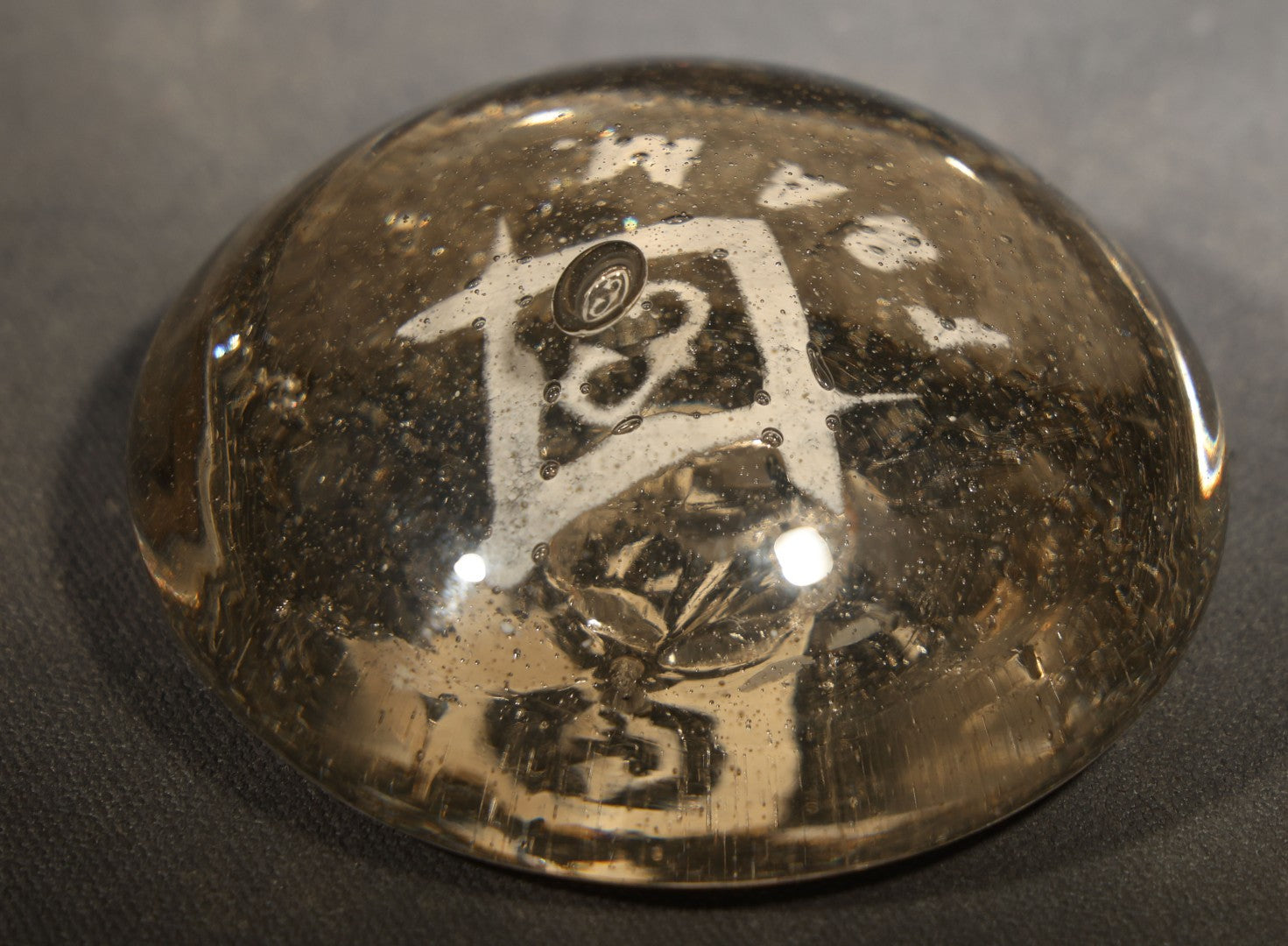 Antique Hand-Blown Glass Masonic Paperweight with Square and Compasses and "F. & A.M." Lettering, Pontil Mark on Base
