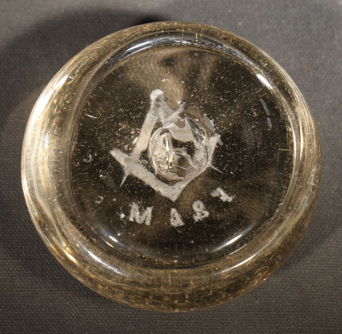 Antique Hand-Blown Glass Masonic Paperweight with Square and Compasses and "F. & A.M." Lettering, Pontil Mark on Base
