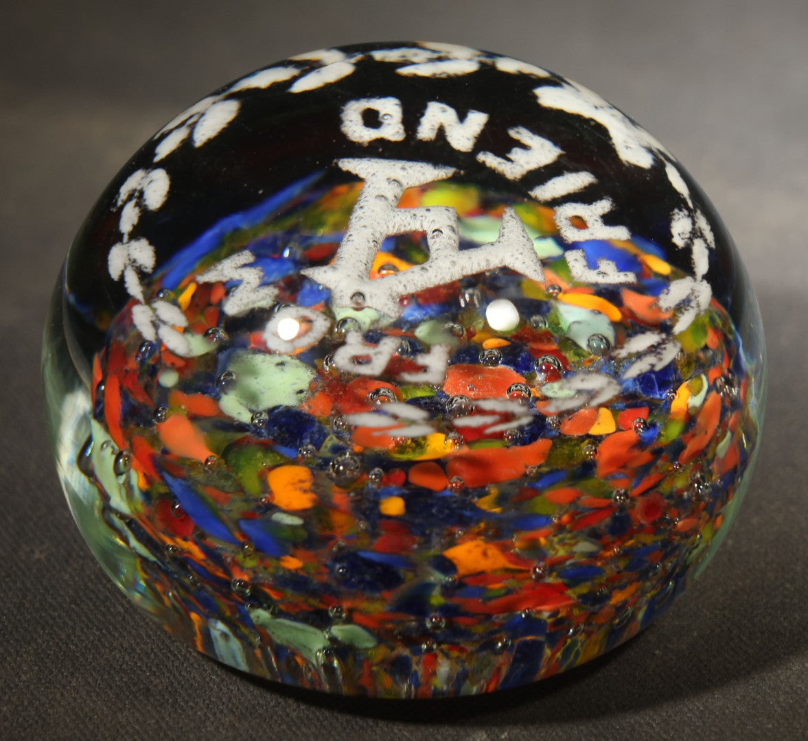 Antique "From A Friend" Glass Paperweight with Multicolor Frit and White Lettering