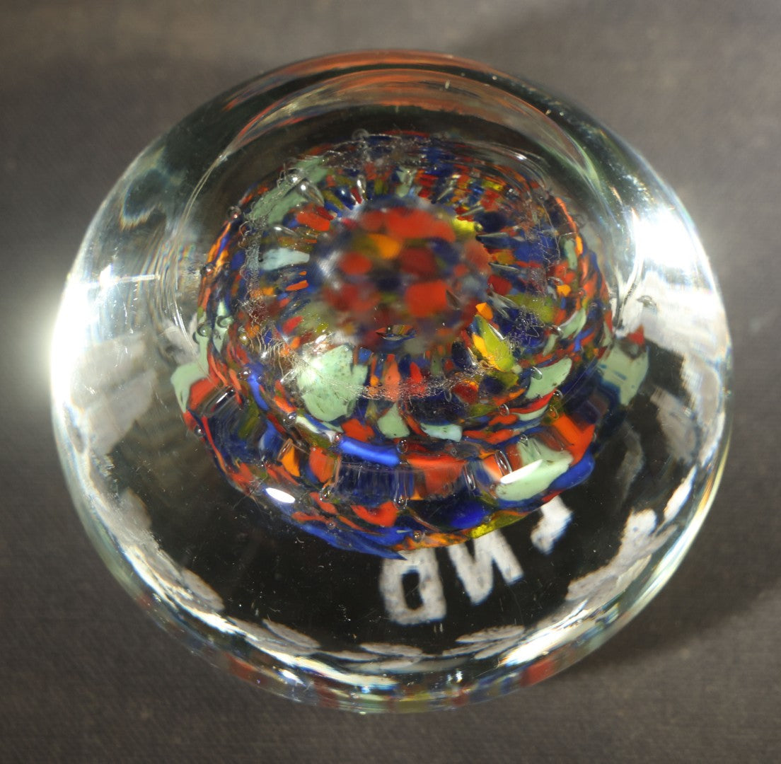 Antique "From A Friend" Glass Paperweight with Multicolor Frit and White Lettering