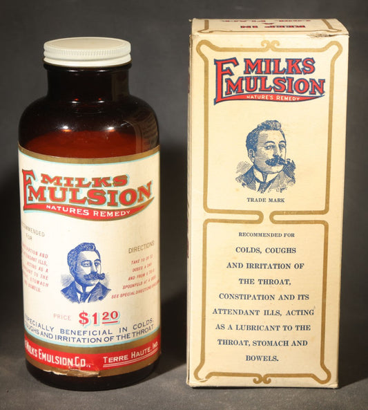 Vintage Milks Emulsion "Nature's Remedy" N.O.S. Bottle with Original Box, Corrugated Insert, and Glass Spoon, The Milks Emulsion Co., Terre Haute, Indiana