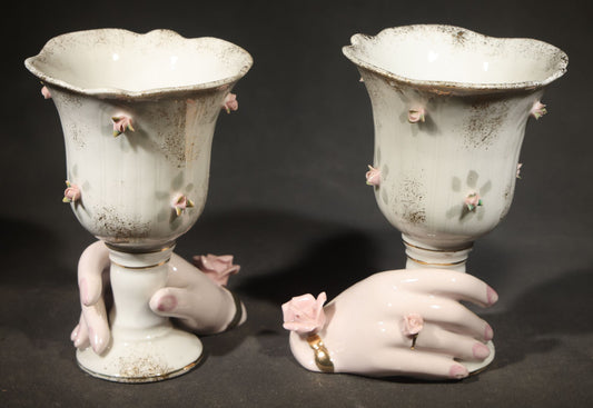 Pair of Vintage Hand-Painted Porcelain Hand Vases with Applied Roses, Marked Japan