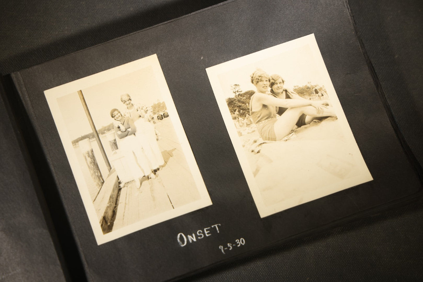 Vintage Snapshot Photo Album Containing 100+ Photographs, 1930-1934, including Onset Wharf, Massachusetts, Fishing, and Family Gatherings