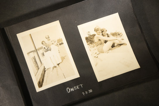 Vintage Snapshot Photo Album Containing 100+ Photographs, 1930-1934, including Onset Wharf, Massachusetts, Fishing, and Family Gatherings