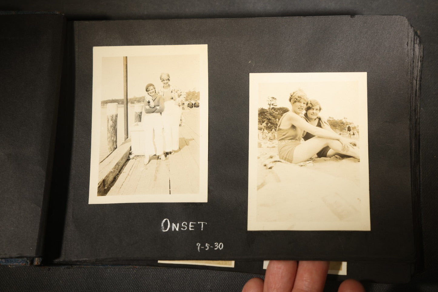 Vintage Snapshot Photo Album Containing 100+ Photographs, 1930-1934, including Onset Wharf, Massachusetts, Fishing, and Family Gatherings