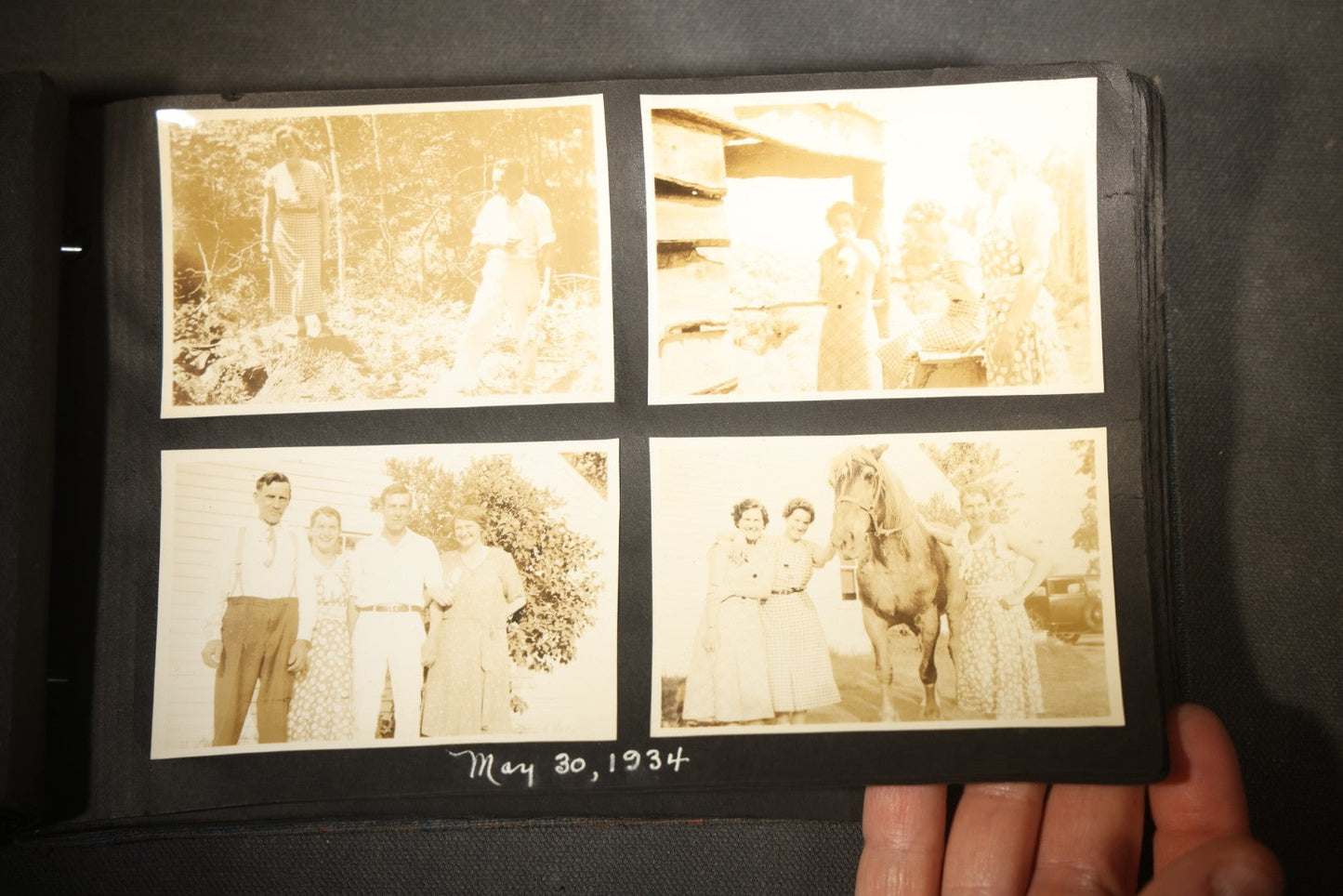 Vintage Snapshot Photo Album Containing 100+ Photographs, 1930-1934, including Onset Wharf, Massachusetts, Fishing, and Family Gatherings