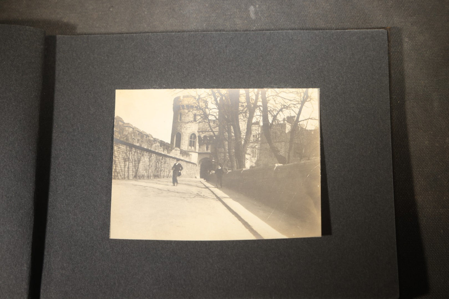 Antique Snapshot Photo Album Containing 25+ Photographs, Circa 1910, Including Beach Scenes, R.P.P.C. of Two Young Men in Cowboy Attire, Sailboat, Swans, Castle Architecture, and Family Portraits