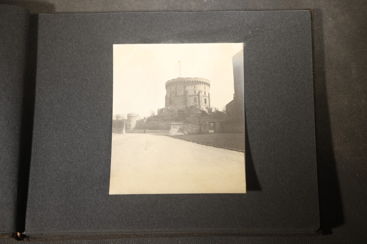 Antique Snapshot Photo Album Containing 25+ Photographs, Circa 1910, Including Beach Scenes, R.P.P.C. of Two Young Men in Cowboy Attire, Sailboat, Swans, Castle Architecture, and Family Portraits
