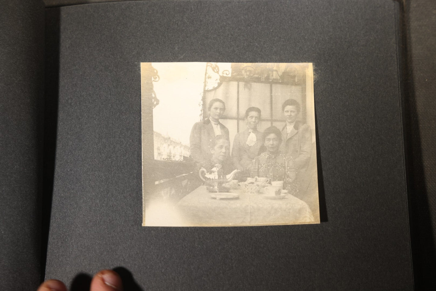 Antique Snapshot Photo Album Containing 25+ Photographs, Circa 1910, Including Beach Scenes, R.P.P.C. of Two Young Men in Cowboy Attire, Sailboat, Swans, Castle Architecture, and Family Portraits