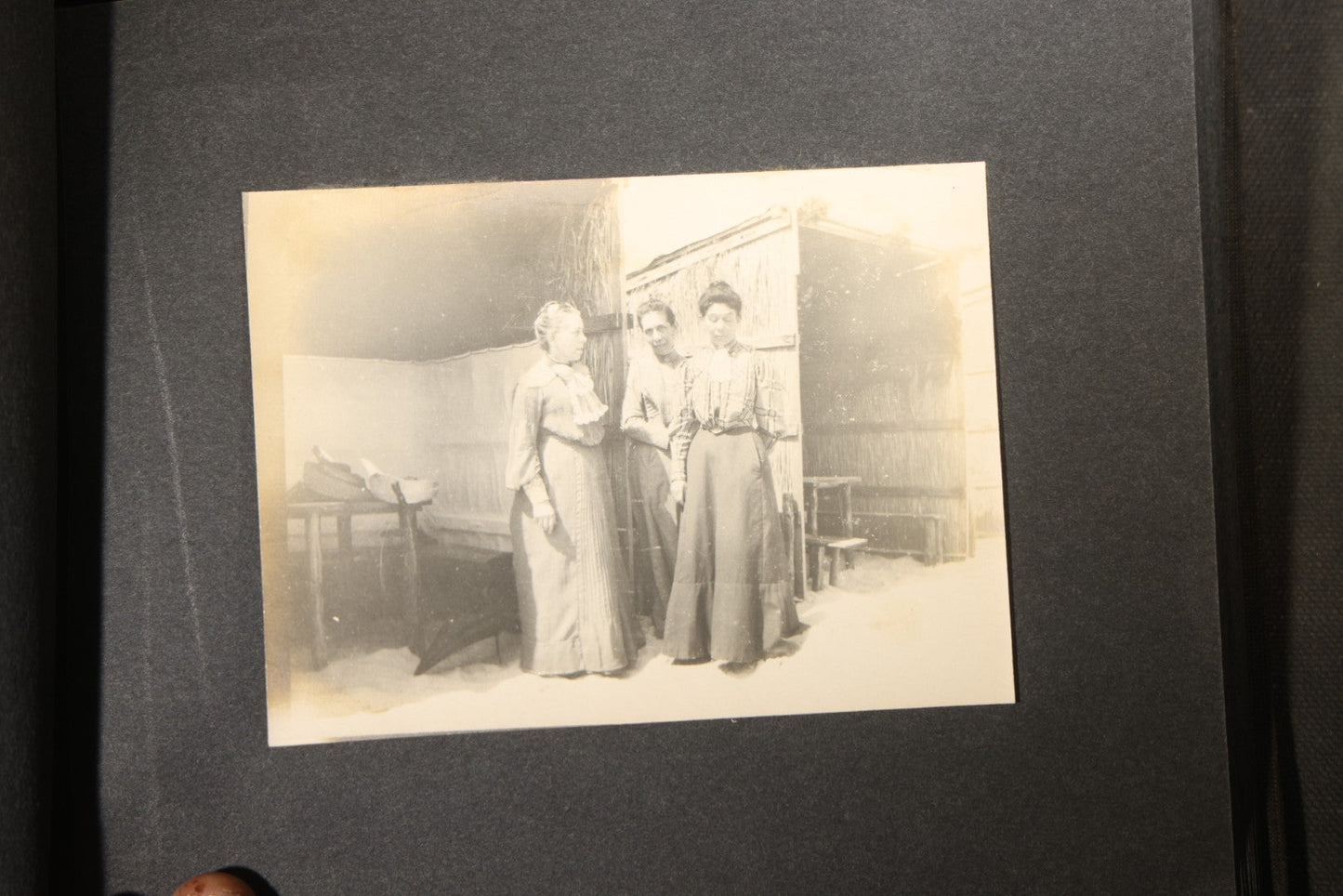 Antique Snapshot Photo Album Containing 25+ Photographs, Circa 1910, Including Beach Scenes, R.P.P.C. of Two Young Men in Cowboy Attire, Sailboat, Swans, Castle Architecture, and Family Portraits