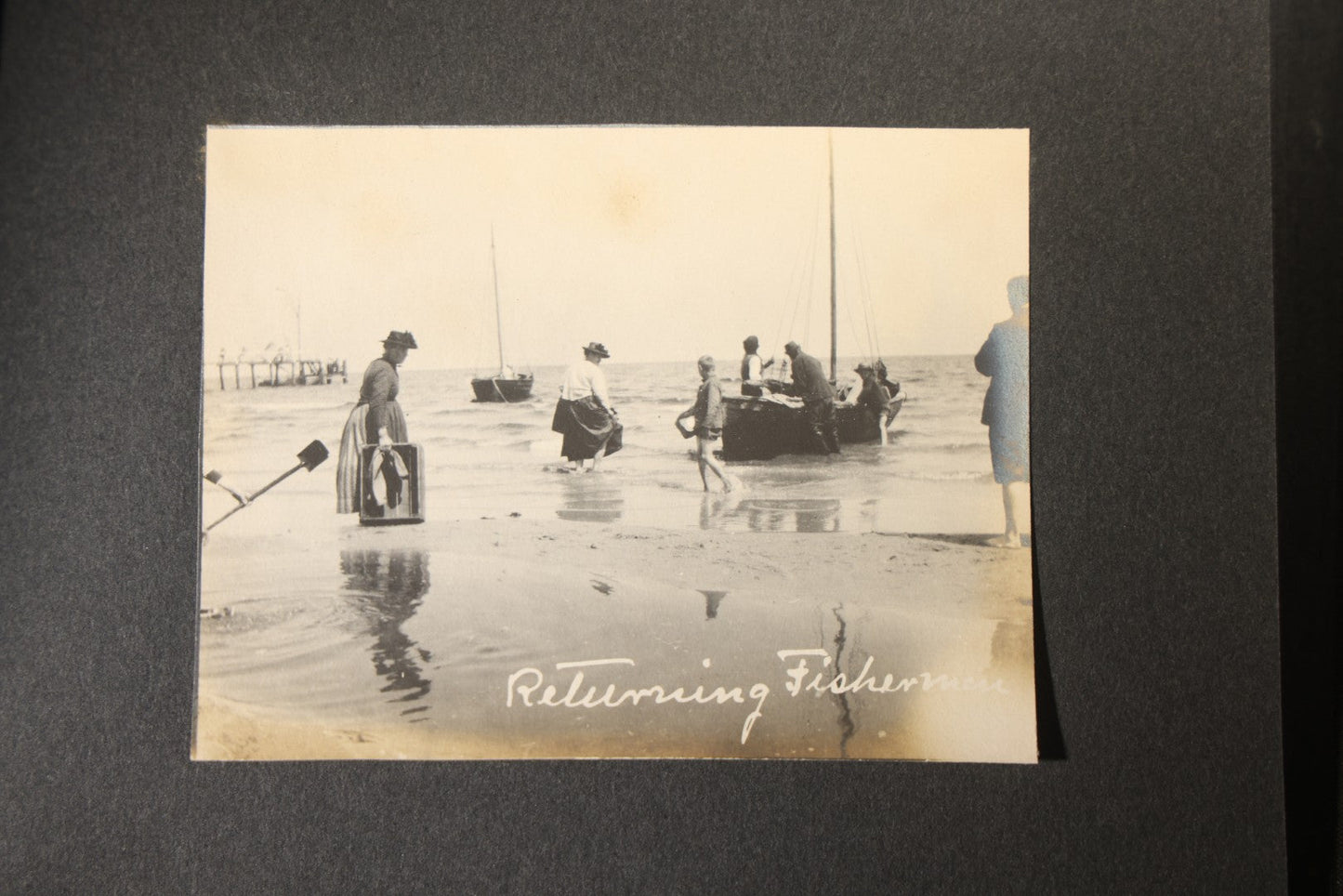 Antique Snapshot Photo Album Containing 25+ Photographs, Circa 1910, Including Beach Scenes, R.P.P.C. of Two Young Men in Cowboy Attire, Sailboat, Swans, Castle Architecture, and Family Portraits