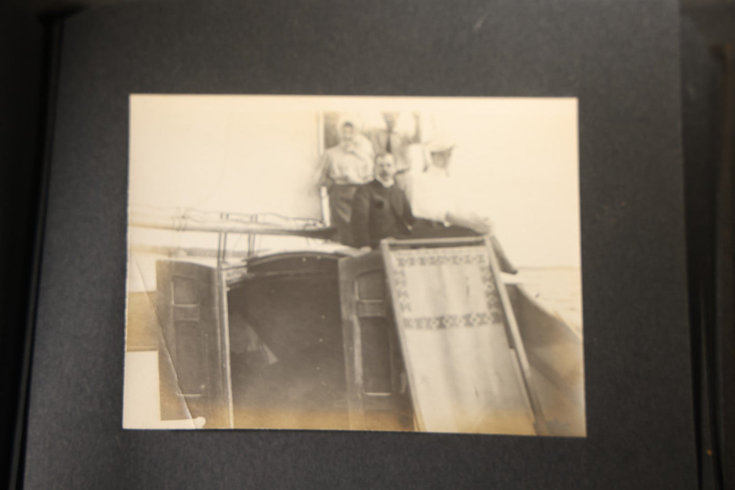 Antique Snapshot Photo Album Containing 25+ Photographs, Circa 1910, Including Beach Scenes, R.P.P.C. of Two Young Men in Cowboy Attire, Sailboat, Swans, Castle Architecture, and Family Portraits