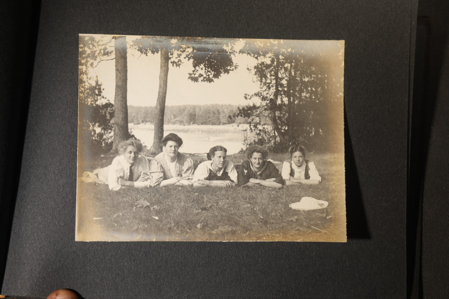 Antique Snapshot Photo Album Containing 25+ Photographs, Circa 1910, Including Beach Scenes, R.P.P.C. of Two Young Men in Cowboy Attire, Sailboat, Swans, Castle Architecture, and Family Portraits