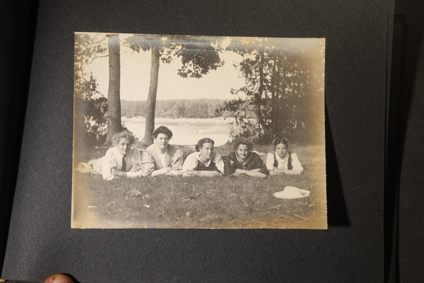 Antique Snapshot Photo Album Containing 25+ Photographs, Circa 1910, Including Beach Scenes, R.P.P.C. of Two Young Men in Cowboy Attire, Sailboat, Swans, Castle Architecture, and Family Portraits
