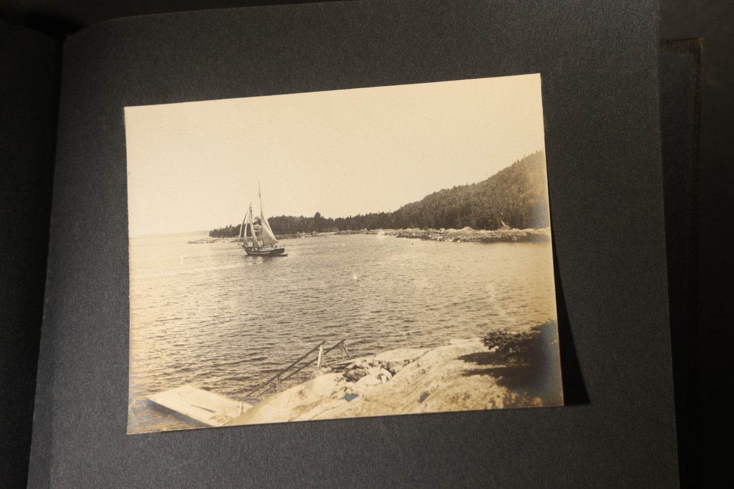 Antique Snapshot Photo Album Containing 25+ Photographs, Circa 1910, Including Beach Scenes, R.P.P.C. of Two Young Men in Cowboy Attire, Sailboat, Swans, Castle Architecture, and Family Portraits