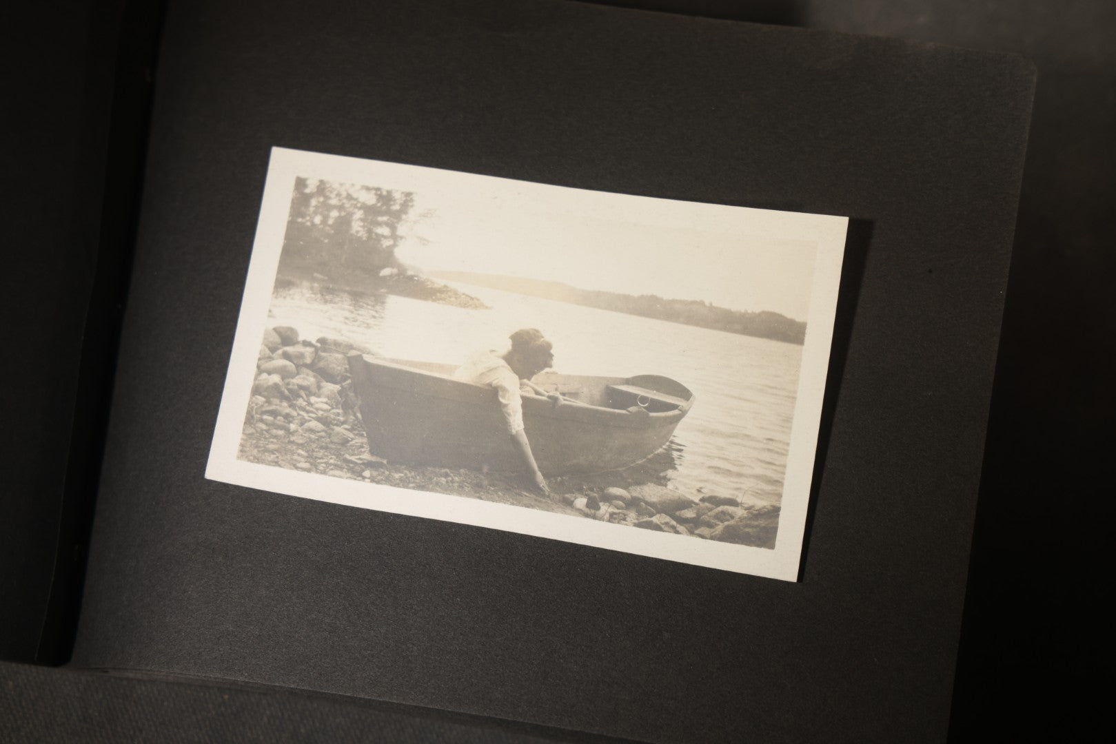 Antique Snapshot Photo Album Containing 30+ Photographs, Circa 1910s-1920s, including Lake and Boating Scenes, Steamboat at Dock, Women Fishing, Swimming, Woman with Dog, and Child with Flag-Decorated Automobile