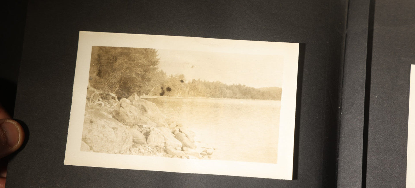 Antique Snapshot Photo Album Containing 30+ Photographs, Circa 1910s-1920s, including Lake and Boating Scenes, Steamboat at Dock, Women Fishing, Swimming, Woman with Dog, and Child with Flag-Decorated Automobile