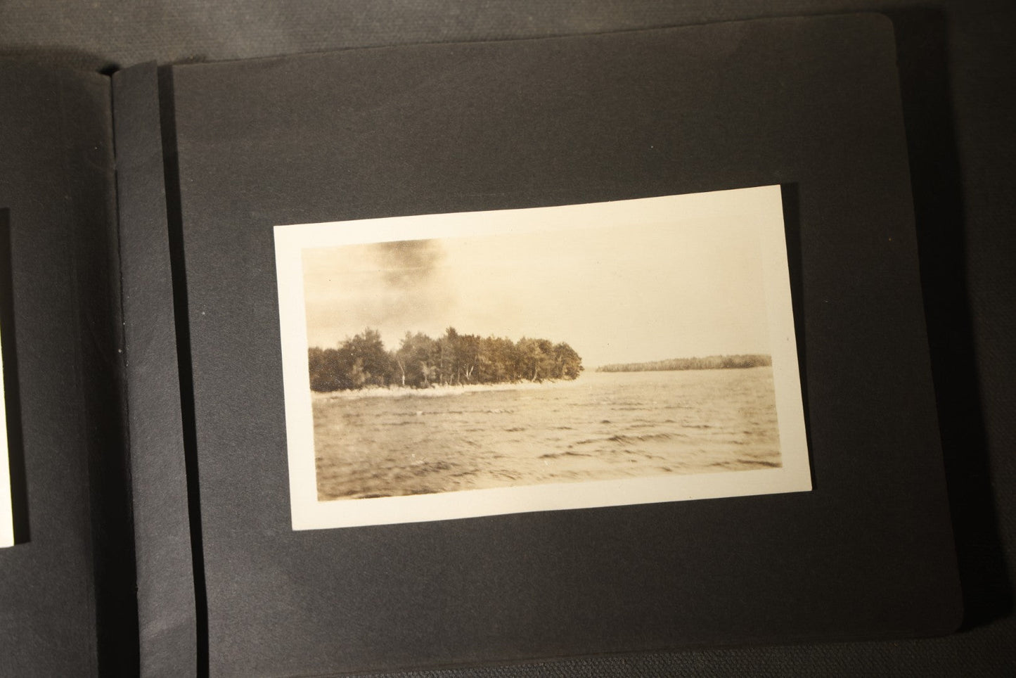 Antique Snapshot Photo Album Containing 30+ Photographs, Circa 1910s-1920s, including Lake and Boating Scenes, Steamboat at Dock, Women Fishing, Swimming, Woman with Dog, and Child with Flag-Decorated Automobile