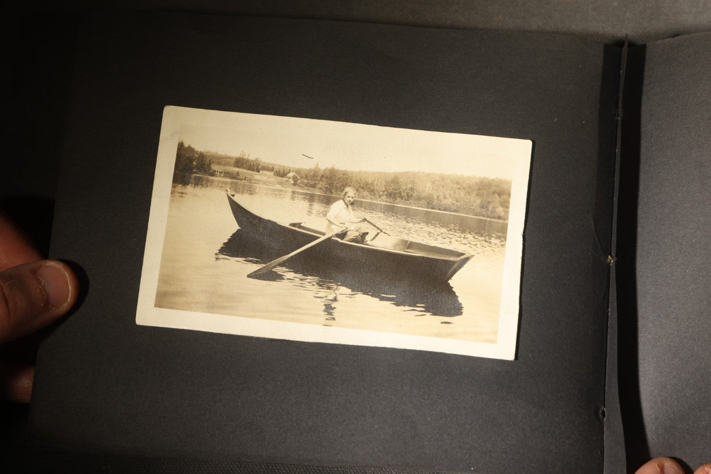 Antique Snapshot Photo Album Containing 30+ Photographs, Circa 1910s-1920s, including Lake and Boating Scenes, Steamboat at Dock, Women Fishing, Swimming, Woman with Dog, and Child with Flag-Decorated Automobile