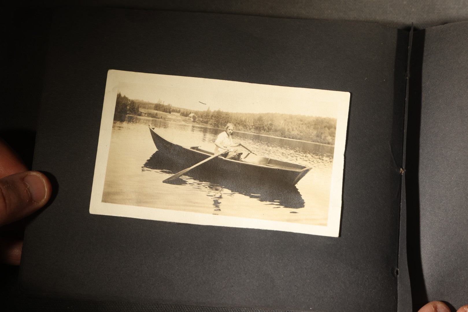 Antique Snapshot Photo Album Containing 30+ Photographs, Circa 1910s-1920s, including Lake and Boating Scenes, Steamboat at Dock, Women Fishing, Swimming, Woman with Dog, and Child with Flag-Decorated Automobile