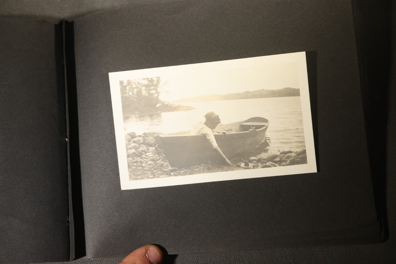 Antique Snapshot Photo Album Containing 30+ Photographs, Circa 1910s-1920s, including Lake and Boating Scenes, Steamboat at Dock, Women Fishing, Swimming, Woman with Dog, and Child with Flag-Decorated Automobile