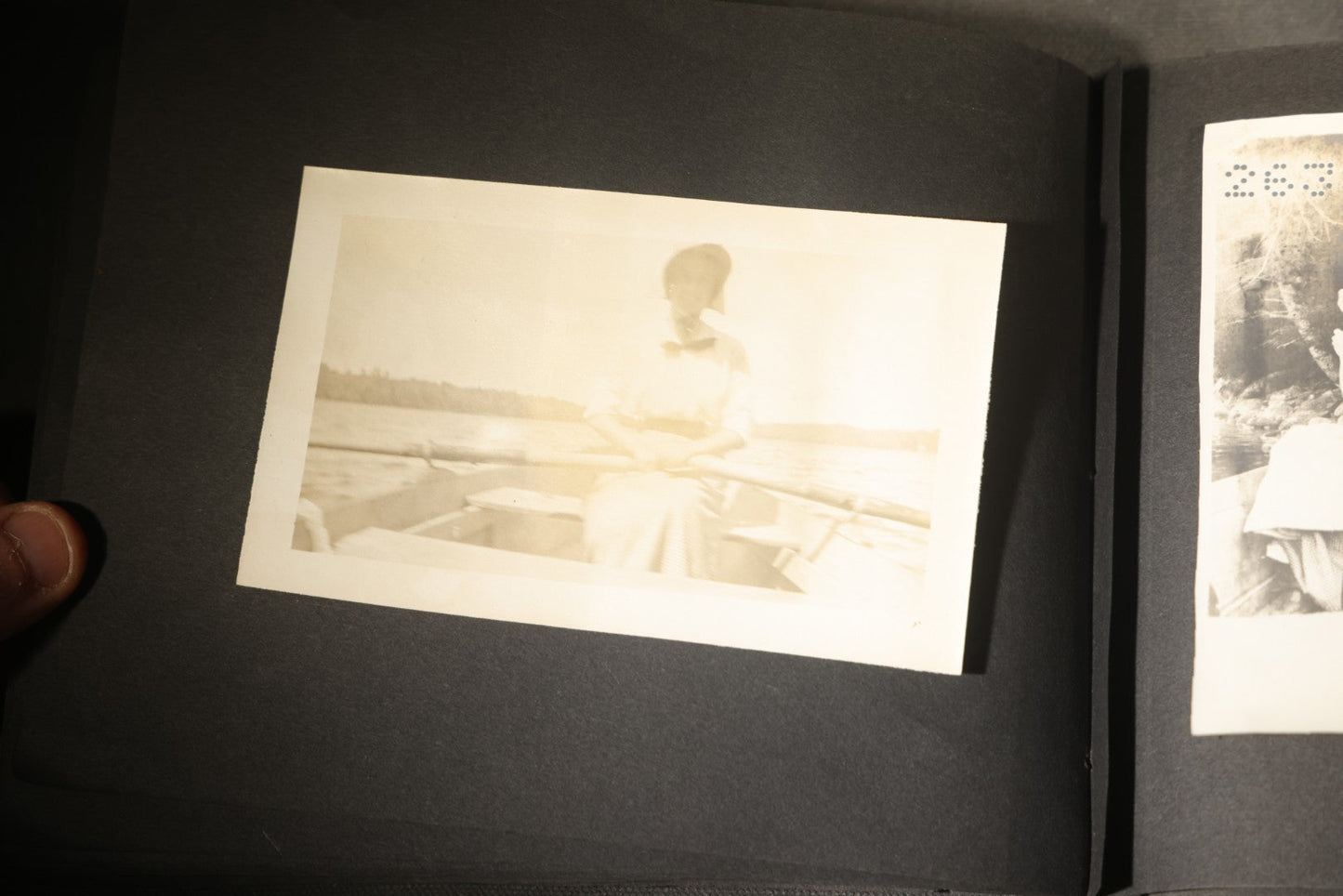 Antique Snapshot Photo Album Containing 30+ Photographs, Circa 1910s-1920s, including Lake and Boating Scenes, Steamboat at Dock, Women Fishing, Swimming, Woman with Dog, and Child with Flag-Decorated Automobile