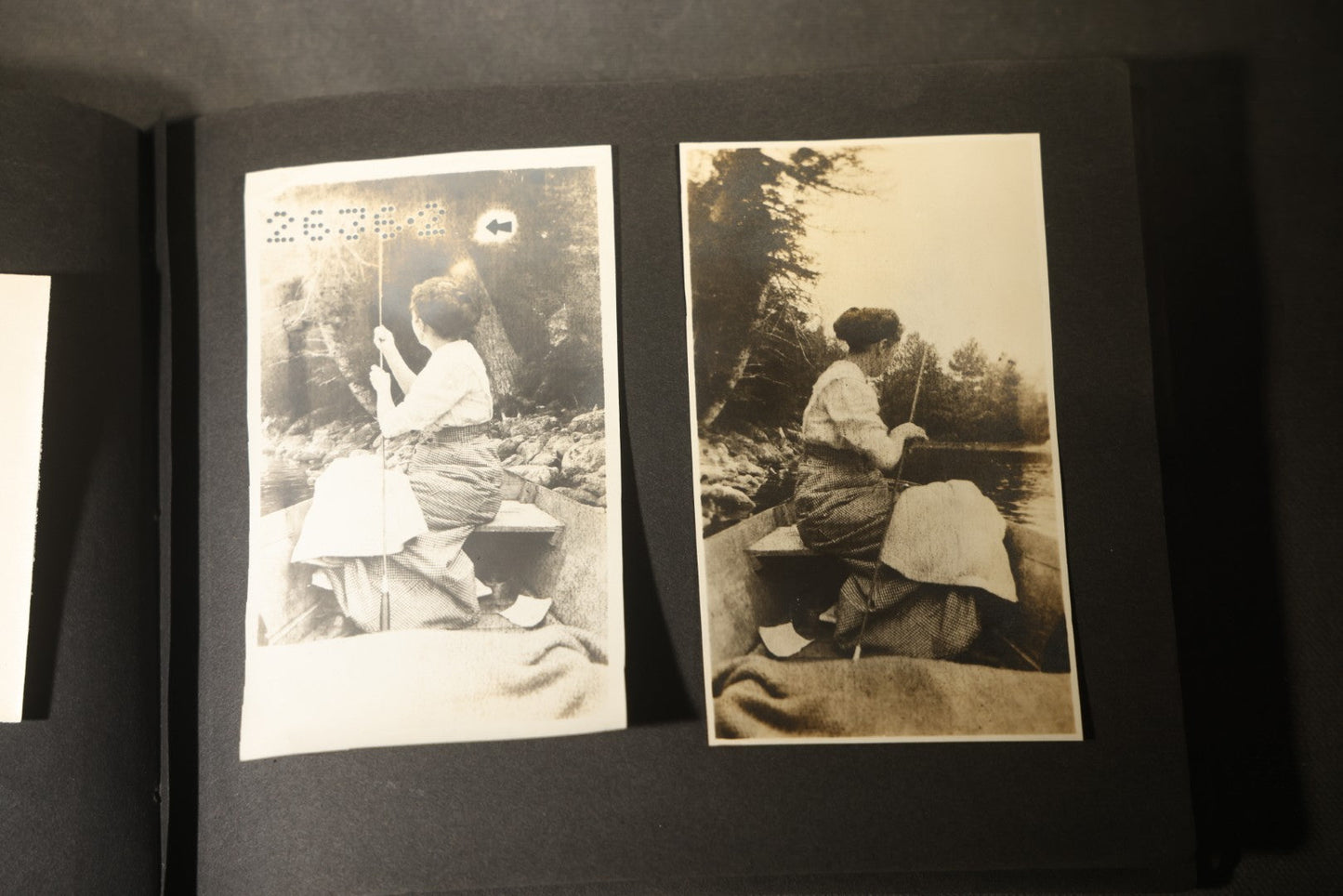 Antique Snapshot Photo Album Containing 30+ Photographs, Circa 1910s-1920s, including Lake and Boating Scenes, Steamboat at Dock, Women Fishing, Swimming, Woman with Dog, and Child with Flag-Decorated Automobile