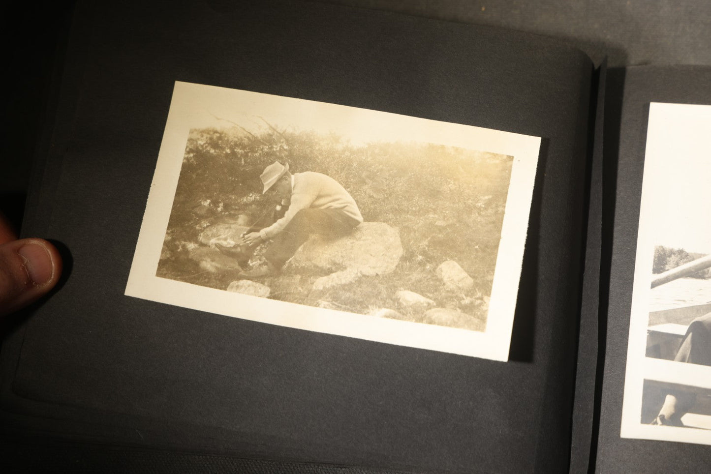 Antique Snapshot Photo Album Containing 30+ Photographs, Circa 1910s-1920s, including Lake and Boating Scenes, Steamboat at Dock, Women Fishing, Swimming, Woman with Dog, and Child with Flag-Decorated Automobile