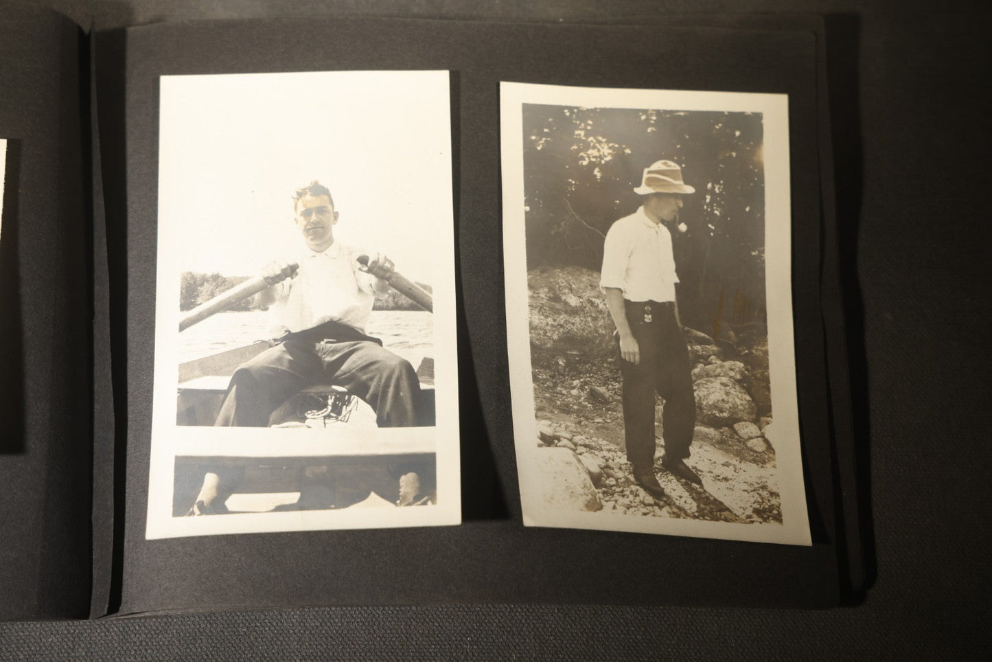 Antique Snapshot Photo Album Containing 30+ Photographs, Circa 1910s-1920s, including Lake and Boating Scenes, Steamboat at Dock, Women Fishing, Swimming, Woman with Dog, and Child with Flag-Decorated Automobile