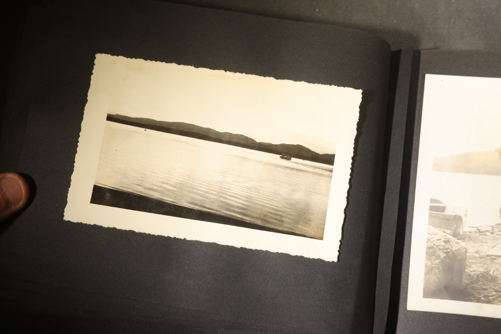Antique Snapshot Photo Album Containing 30+ Photographs, Circa 1910s-1920s, including Lake and Boating Scenes, Steamboat at Dock, Women Fishing, Swimming, Woman with Dog, and Child with Flag-Decorated Automobile