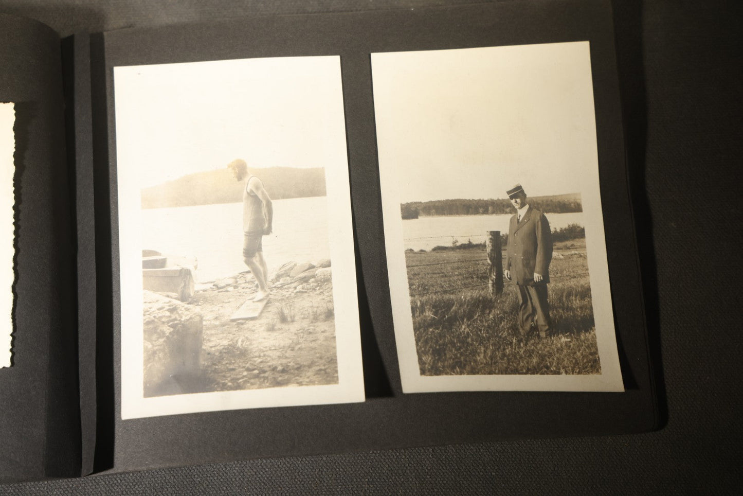 Antique Snapshot Photo Album Containing 30+ Photographs, Circa 1910s-1920s, including Lake and Boating Scenes, Steamboat at Dock, Women Fishing, Swimming, Woman with Dog, and Child with Flag-Decorated Automobile