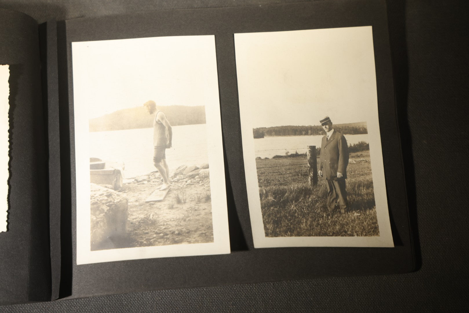 Antique Snapshot Photo Album Containing 30+ Photographs, Circa 1910s-1920s, including Lake and Boating Scenes, Steamboat at Dock, Women Fishing, Swimming, Woman with Dog, and Child with Flag-Decorated Automobile