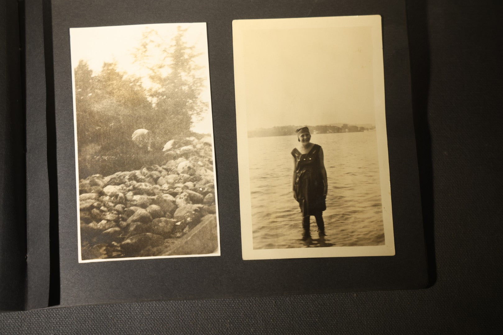 Antique Snapshot Photo Album Containing 30+ Photographs, Circa 1910s-1920s, including Lake and Boating Scenes, Steamboat at Dock, Women Fishing, Swimming, Woman with Dog, and Child with Flag-Decorated Automobile