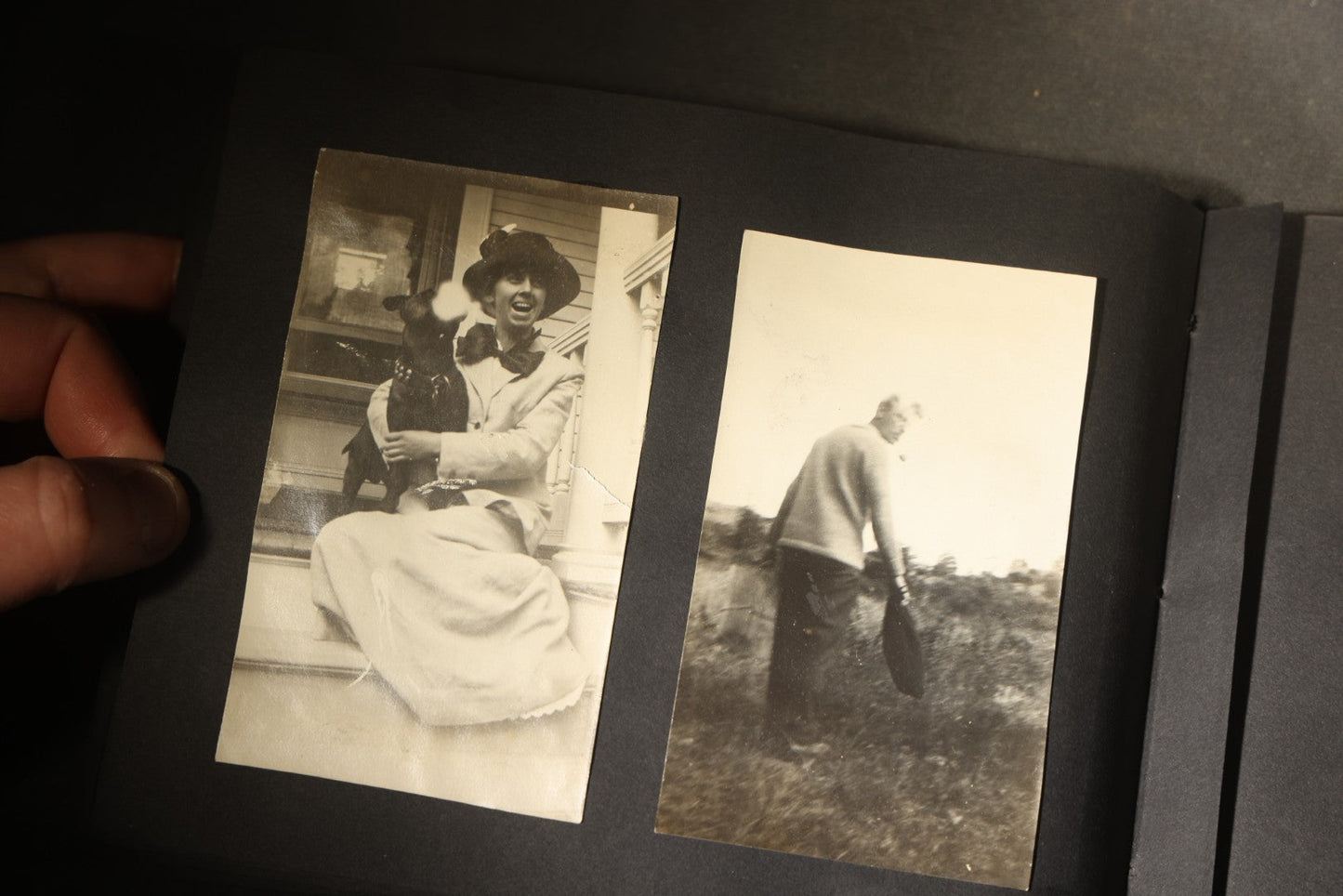 Antique Snapshot Photo Album Containing 30+ Photographs, Circa 1910s-1920s, including Lake and Boating Scenes, Steamboat at Dock, Women Fishing, Swimming, Woman with Dog, and Child with Flag-Decorated Automobile