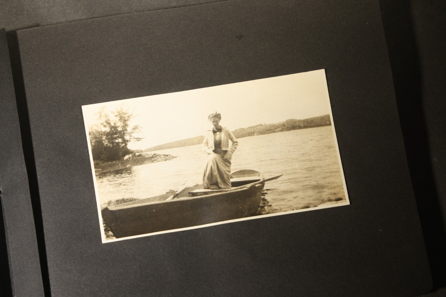 Antique Snapshot Photo Album Containing 30+ Photographs, Circa 1910s-1920s, including Lake and Boating Scenes, Steamboat at Dock, Women Fishing, Swimming, Woman with Dog, and Child with Flag-Decorated Automobile