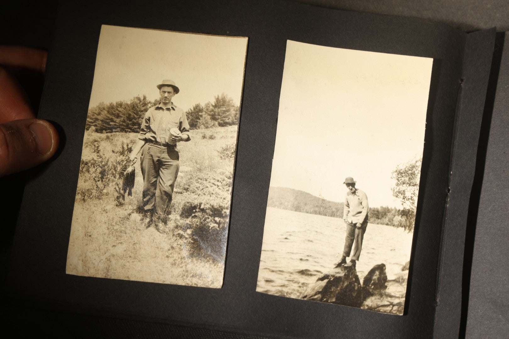 Antique Snapshot Photo Album Containing 30+ Photographs, Circa 1910s-1920s, including Lake and Boating Scenes, Steamboat at Dock, Women Fishing, Swimming, Woman with Dog, and Child with Flag-Decorated Automobile