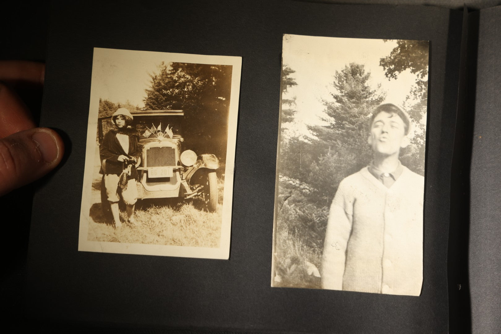 Antique Snapshot Photo Album Containing 30+ Photographs, Circa 1910s-1920s, including Lake and Boating Scenes, Steamboat at Dock, Women Fishing, Swimming, Woman with Dog, and Child with Flag-Decorated Automobile