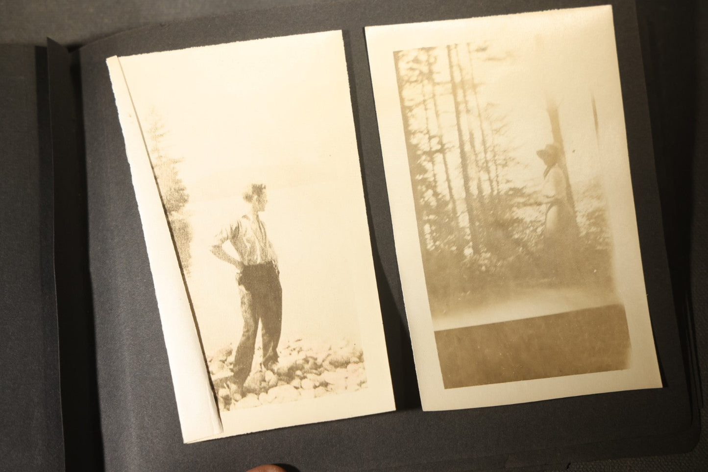 Antique Snapshot Photo Album Containing 30+ Photographs, Circa 1910s-1920s, including Lake and Boating Scenes, Steamboat at Dock, Women Fishing, Swimming, Woman with Dog, and Child with Flag-Decorated Automobile