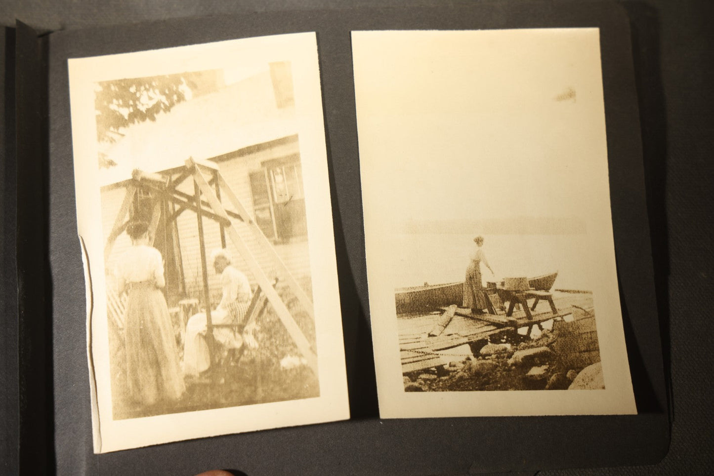Antique Snapshot Photo Album Containing 30+ Photographs, Circa 1910s-1920s, including Lake and Boating Scenes, Steamboat at Dock, Women Fishing, Swimming, Woman with Dog, and Child with Flag-Decorated Automobile