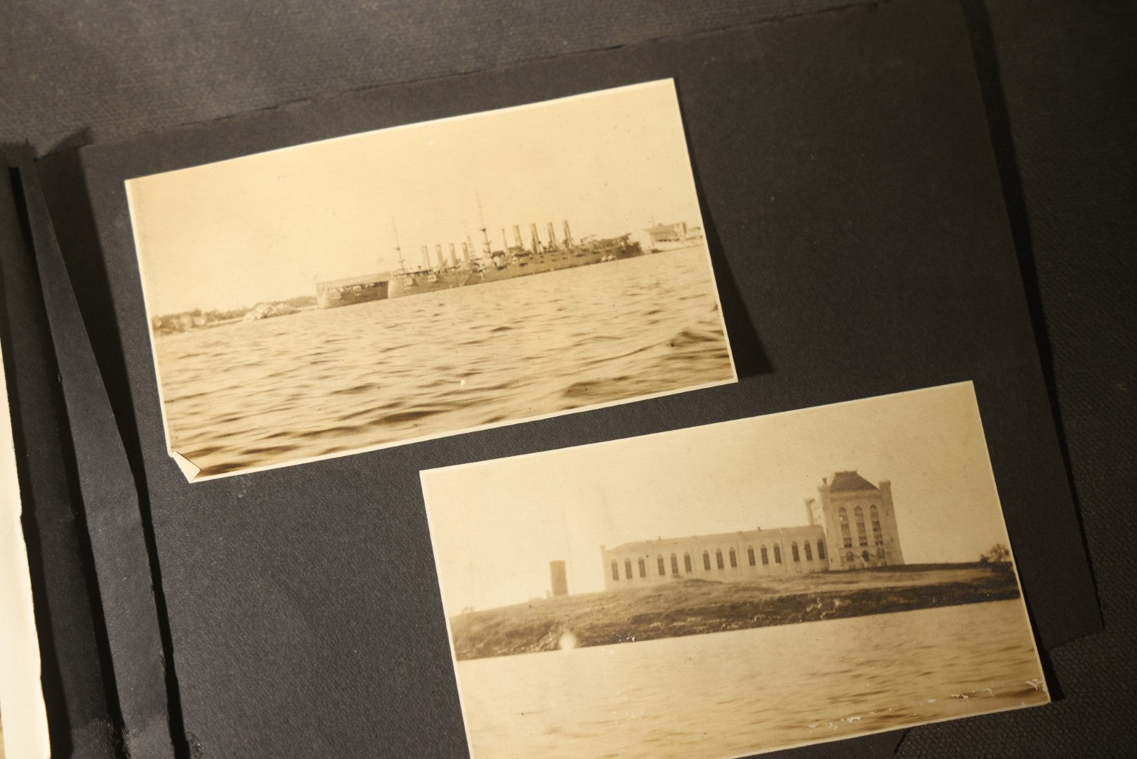 Antique Snapshot Photo Album Containing 30+ Photographs, Circa 1910s-1920s, including Lake and Boating Scenes, Steamboat at Dock, Women Fishing, Swimming, Woman with Dog, and Child with Flag-Decorated Automobile