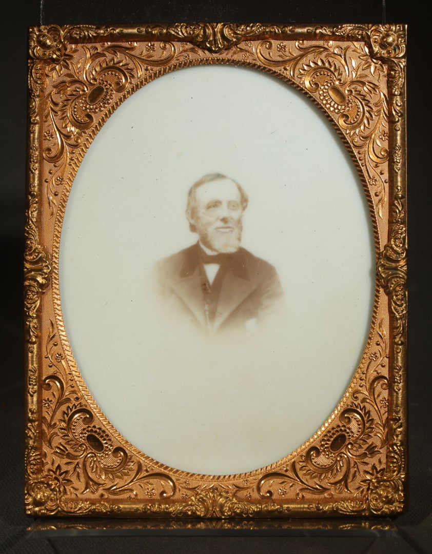Antique Half-Plate Opalotype Photograph of a Bearded Elderly Man in Suit and Bow Tie with Embossed Brass Mat and Preserver