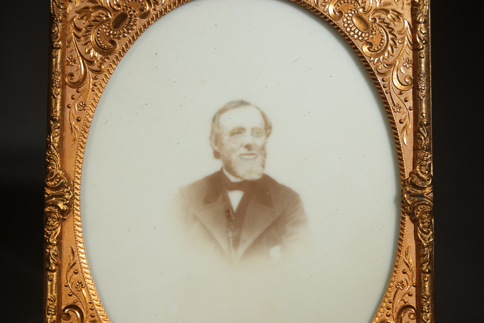 Antique Half-Plate Opalotype Photograph of a Bearded Elderly Man in Suit and Bow Tie with Embossed Brass Mat and Preserver