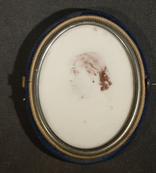 Antique 1/6th Plate Opalotype Photograph of a Young Woman in Profile in Half Blue Velvet Clamshell Case