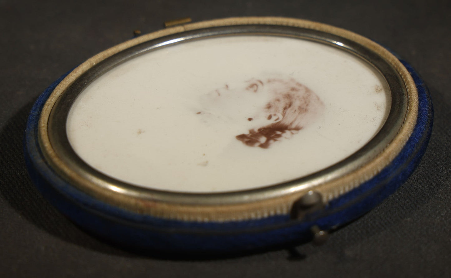 Antique 1/6th Plate Opalotype Photograph of a Young Woman in Profile in Half Blue Velvet Clamshell Case