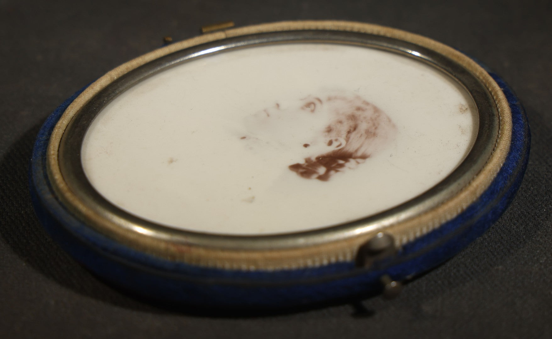 Antique 1/6th Plate Opalotype Photograph of a Young Woman in Profile in Half Blue Velvet Clamshell Case