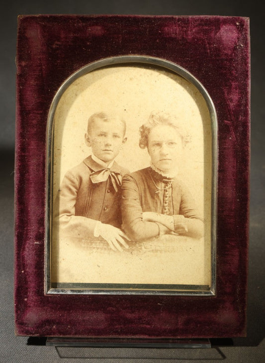 Antique Cabinet Card Photograph of Two Children in Maroon Velvet Frame