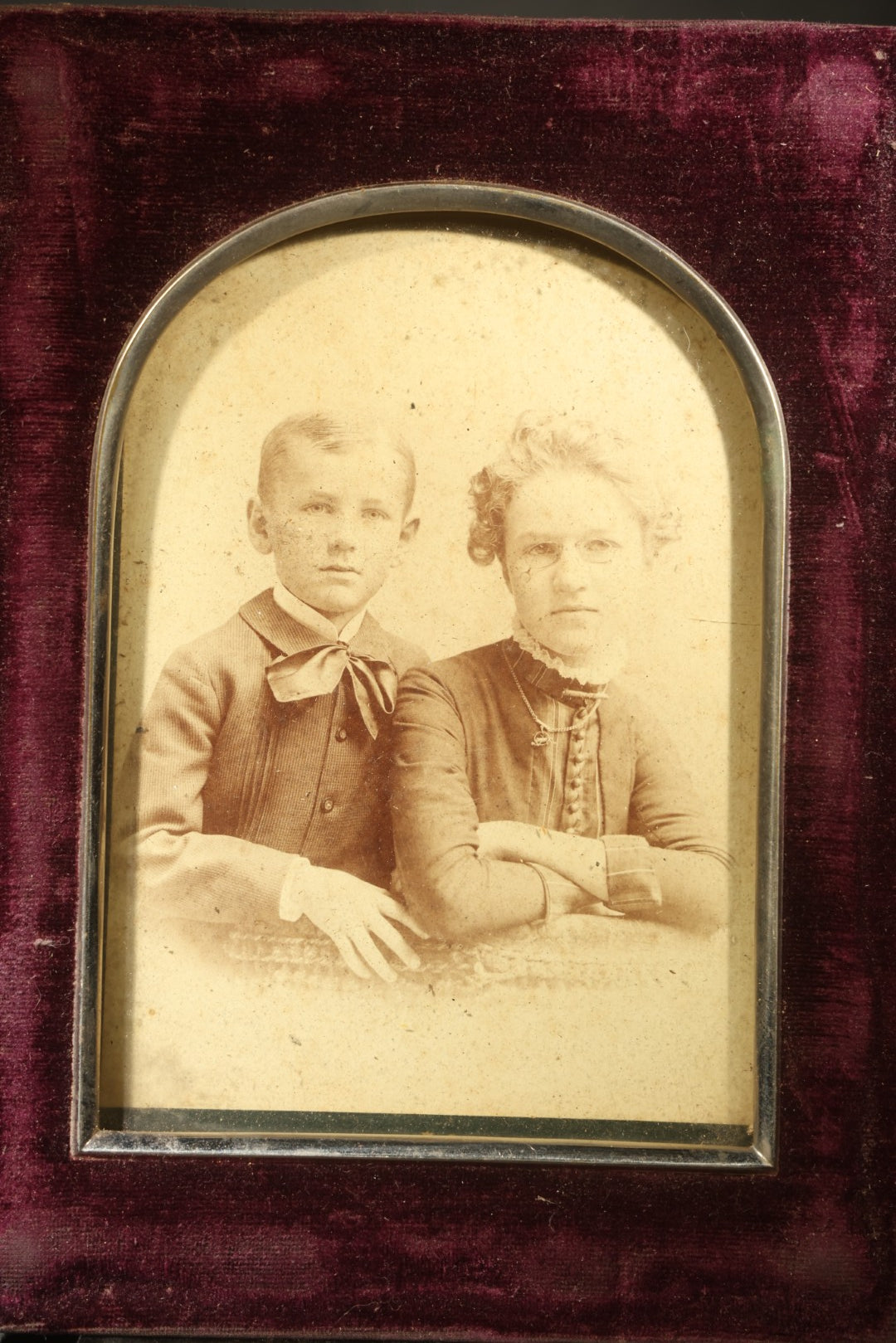 Antique Cabinet Card Photograph of Two Children in Maroon Velvet Frame
