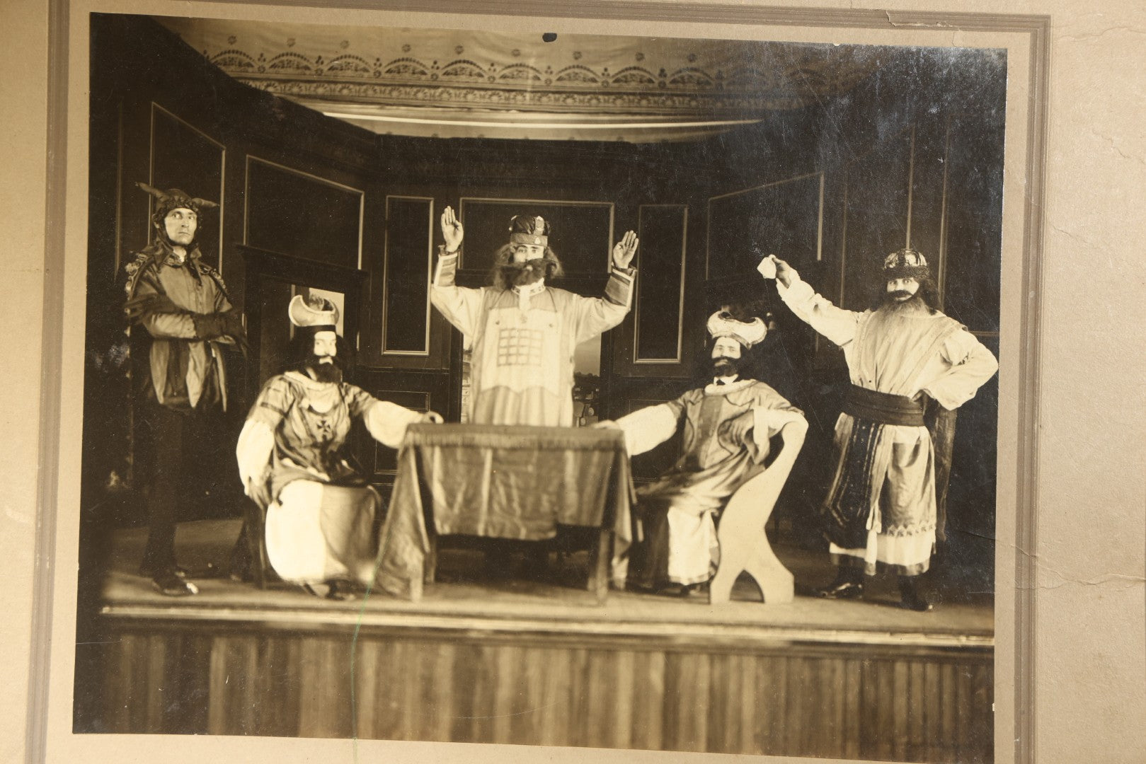 Antique Board-Mounted Photograph of a Theatrical Stage Production with Five Costumed Performers