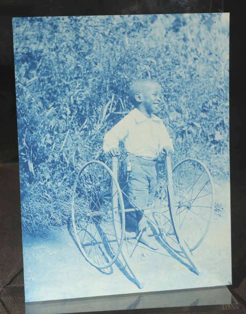 Grouping of 12 Antique Cyanotype Photographs including "Weirs Wreck" Train Derailment, Occupational Newspaper Deliveryman with "The Sun" Cart, Naval Warships, Cyanotype on Birch Bark, Man with Bicycle, and Photo Gallery Interior